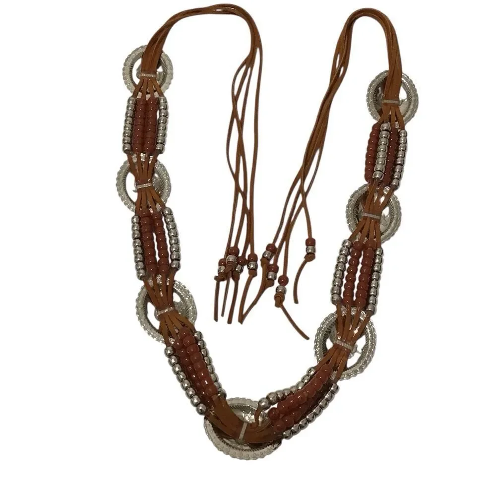 Brown Suede Leather Concho Self Tie Belt